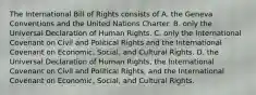 The International Bill of Rights consists of A. the Geneva Conventions and the United Nations Charter. B. only the Universal Declaration of Human Rights. C. only the International Covenant on Civil and Political Rights and the International Covenant on Economic, Social, and Cultural Rights. D. the Universal Declaration of Human Rights, the International Covenant on Civil and Political Rights, and the International Covenant on Economic, Social, and Cultural Rights.