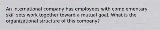 An international company has employees with complementary skill sets work together toward a mutual goal. What is the organizational structure of this company?