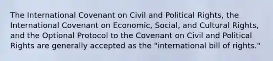 The International Covenant on Civil and Political Rights, the International Covenant on Economic, Social, and Cultural Rights, and the Optional Protocol to the Covenant on Civil and Political Rights are generally accepted as the "international bill of rights."