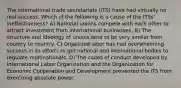 The international trade secretariats (ITS) have had virtually no real success. Which of the following is a cause of the ITSs' ineffectiveness? A) National unions compete with each other to attract investment from international businesses. B) The structure and ideology of unions tend to be very similar from country to country. C) Organized labor has had overwhelming success in its efforts to get national and international bodies to regulate multinationals. D) The codes of conduct developed by International Labor Organization and the Organization for Economic Cooperation and Development prevented the ITS from exercising absolute power.