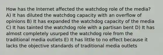 How has the Internet affected the watchdog role of the media? A) It has diluted the watchdog capacity with an overflow of opinions B) It has expanded the watchdog capacity of the media C) It has tainted the watchdog role with a partisan bent D) It has almost completely usurped the watchdog role from the traditional media outlets E) It has little to no effect because it lacks the objective standards of traditional media outlets