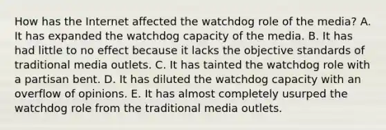 How has the Internet affected the watchdog role of the media? A. It has expanded the watchdog capacity of the media. B. It has had little to no effect because it lacks the objective standards of traditional media outlets. C. It has tainted the watchdog role with a partisan bent. D. It has diluted the watchdog capacity with an overflow of opinions. E. It has almost completely usurped the watchdog role from the traditional media outlets.