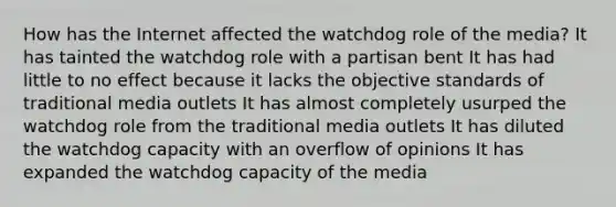 How has the Internet affected the watchdog role of the media? It has tainted the watchdog role with a partisan bent It has had little to no effect because it lacks the objective standards of traditional media outlets It has almost completely usurped the watchdog role from the traditional media outlets It has diluted the watchdog capacity with an overflow of opinions It has expanded the watchdog capacity of the media