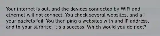 Your internet is out, and the devices connected by WIFI and ethernet will not connect. You check several websites, and all your packets fail. You then ping a websites with and IP address, and to your surprise, it's a success. Which would you do next?