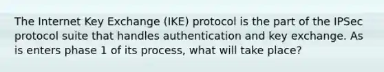 The Internet Key Exchange (IKE) protocol is the part of the IPSec protocol suite that handles authentication and key exchange. As is enters phase 1 of its process, what will take place?