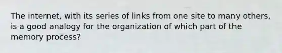 The internet, with its series of links from one site to many others, is a good analogy for the organization of which part of the memory process?