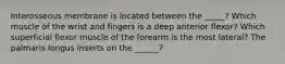 Interosseous membrane is located between the _____? Which muscle of the wrist and fingers is a deep anterior flexor? Which superficial flexor muscle of the forearm is the most lateral? The palmaris longus inserts on the ______?