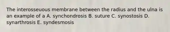 The interosseuous membrane between the radius and the ulna is an example of a A. synchondrosis B. suture C. synostosis D. synarthrosis E. syndesmosis