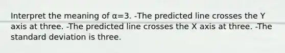 Interpret the meaning of α=3. -The predicted line crosses the Y axis at three. -The predicted line crosses the X axis at three. -The standard deviation is three.