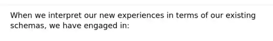 When we interpret our new experiences in terms of our existing schemas, we have engaged in: