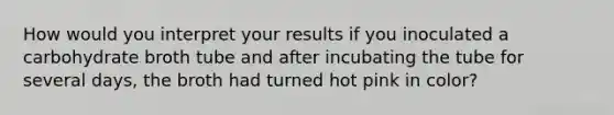 How would you interpret your results if you inoculated a carbohydrate broth tube and after incubating the tube for several days, the broth had turned hot pink in color?