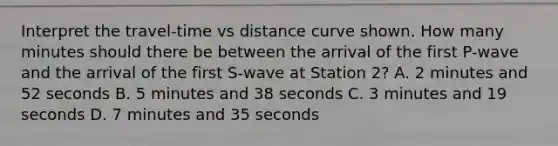 Interpret the travel-time vs distance curve shown. How many minutes should there be between the arrival of the first P-wave and the arrival of the first S-wave at Station 2? A. 2 minutes and 52 seconds B. 5 minutes and 38 seconds C. 3 minutes and 19 seconds D. 7 minutes and 35 seconds