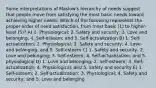 Some interpretations of Maslow's hierarchy of needs suggest that people move from satisfying the most basic needs toward achieving higher needs. Which of the following represents the proper order of need satisfaction, from most basic (1) to higher-level (5)? A) 1. Physiological; 2. Safety and security; 3. Love and belonging; 4. Self-esteem; and 5. Self-actualization B) 1. Self-actualization; 2. Physiological; 3. Safety and security; 4. Love and belonging; and 5. Self-esteem C) 1. Safety and security; 2. Love and belonging; 3. Self-esteem; 4. Self-actualization; and 5. physiological D) 1. Love and belonging; 2. Self-esteem; 3. Self-actualization; 4. Physiological; and 5. Safety and security E) 1. Self-esteem; 2. Self-actualization; 3. Physiological; 4. Safety and security; and 5. Love and belonging