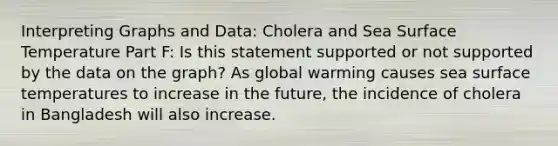 Interpreting Graphs and Data: Cholera and Sea Surface Temperature Part F: Is this statement supported or not supported by the data on the graph? As global warming causes sea surface temperatures to increase in the future, the incidence of cholera in Bangladesh will also increase.