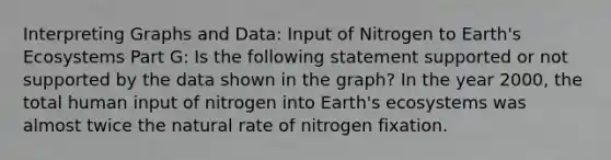 Interpreting Graphs and Data: Input of Nitrogen to Earth's Ecosystems Part G: Is the following statement supported or not supported by the data shown in the graph? In the year 2000, the total human input of nitrogen into Earth's ecosystems was almost twice the natural rate of nitrogen fixation.