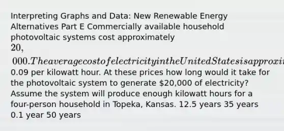 Interpreting Graphs and Data: New Renewable Energy Alternatives Part E Commercially available household photovoltaic systems cost approximately 20,000. The average cost of electricity in the United States is approximately0.09 per kilowatt hour. At these prices how long would it take for the photovoltaic system to generate 20,000 of electricity? Assume the system will produce enough kilowatt hours for a four-person household in Topeka, Kansas. 12.5 years 35 years 0.1 year 50 years