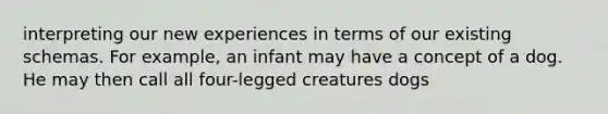 interpreting our new experiences in terms of our existing schemas. For example, an infant may have a concept of a dog. He may then call all four-legged creatures dogs