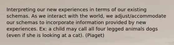 Interpreting our new experiences in terms of our existing schemas. As we interact with the world, we adjust/accommodate our schemas to incorporate information provided by new experiences. Ex: a child may call all four legged animals dogs (even if she is looking at a cat). (Piaget)