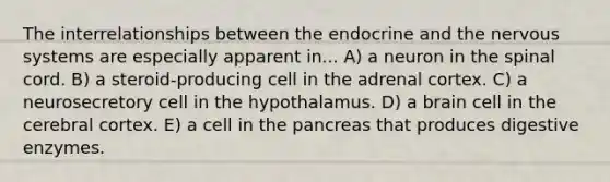 The interrelationships between the endocrine and the nervous systems are especially apparent in... A) a neuron in <a href='https://www.questionai.com/knowledge/kkAfzcJHuZ-the-spinal-cord' class='anchor-knowledge'>the spinal cord</a>. B) a steroid-producing cell in the adrenal cortex. C) a neurosecretory cell in the hypothalamus. D) a brain cell in the cerebral cortex. E) a cell in <a href='https://www.questionai.com/knowledge/kITHRba4Cd-the-pancreas' class='anchor-knowledge'>the pancreas</a> that produces <a href='https://www.questionai.com/knowledge/kK14poSlmL-digestive-enzymes' class='anchor-knowledge'>digestive enzymes</a>.