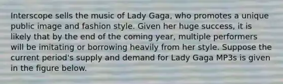 Interscope sells the music of Lady Gaga, who promotes a unique public image and fashion style. Given her huge success, it is likely that by the end of the coming year, multiple performers will be imitating or borrowing heavily from her style. Suppose the current period's supply and demand for Lady Gaga MP3s is given in the figure below.