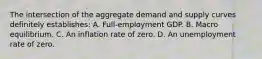 The intersection of the aggregate demand and supply curves definitely establishes: A. Full-employment GDP. B. Macro equilibrium. C. An inflation rate of zero. D. An unemployment rate of zero.