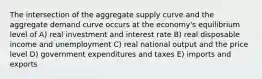 The intersection of the aggregate supply curve and the aggregate demand curve occurs at the economy's equilibrium level of A) real investment and interest rate B) real disposable income and unemployment C) real national output and the price level D) government expenditures and taxes E) imports and exports