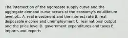 The intersection of the aggregate supply curve and the aggregate demand curve occurs at the economy's equilibrium level of... A. real investment and the interest rate B. real disposable income and unemployment C. real national output and the price level D. government expenditures and taxes E. imports and exports