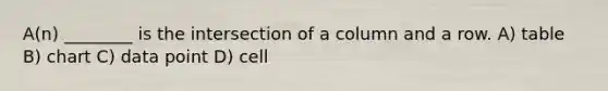 A(n) ________ is the intersection of a column and a row. A) table B) chart C) data point D) cell