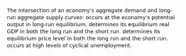 The intersection of an economy's aggregate demand and long-run aggregate supply curves: occurs at the economy's potential output in long-run equilibrium. determines its equilibrium real GDP in both the long run and the short run. determines its equilibrium price level in both the long run and the short run. occurs at high levels of cyclical unemployment.