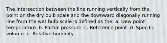 The intersection between the line running vertically from the point on the dry bulb scale and the downward diagonally running line from the wet bulb scale is defined as the: a. Dew point temperature. b. Partial pressure. c. Reference point. d. Specific volume. e. Relative humidity.