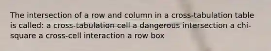 The intersection of a row and column in a cross-tabulation table is called: a cross-tabulation cell a dangerous intersection a chi-square a cross-cell interaction a row box