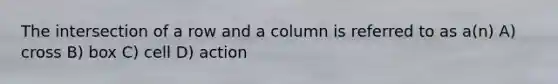 The intersection of a row and a column is referred to as a(n) A) cross B) box C) cell D) action