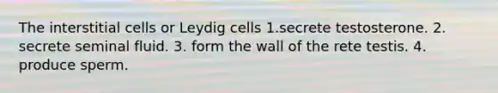 The interstitial cells or Leydig cells 1.secrete testosterone. 2. secrete seminal fluid. 3. form the wall of the rete testis. 4. produce sperm.