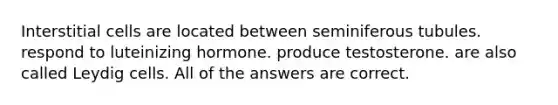 Interstitial cells are located between seminiferous tubules. respond to luteinizing hormone. produce testosterone. are also called Leydig cells. All of the answers are correct.