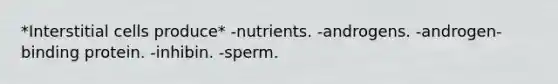 *Interstitial cells produce* -nutrients. -androgens. -androgen-binding protein. -inhibin. -sperm.