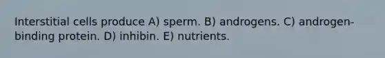 Interstitial cells produce A) sperm. B) androgens. C) androgen-binding protein. D) inhibin. E) nutrients.