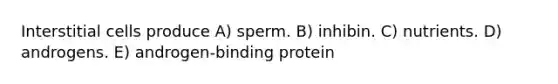 Interstitial cells produce A) sperm. B) inhibin. C) nutrients. D) androgens. E) androgen-binding protein