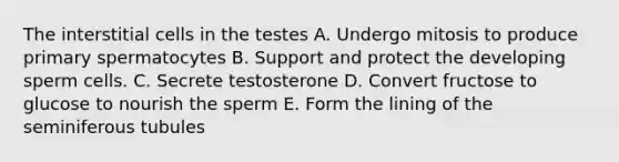 The interstitial cells in the testes A. Undergo mitosis to produce primary spermatocytes B. Support and protect the developing sperm cells. C. Secrete testosterone D. Convert fructose to glucose to nourish the sperm E. Form the lining of the seminiferous tubules