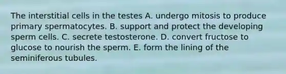 The interstitial cells in the testes A. undergo mitosis to produce primary spermatocytes. B. support and protect the developing sperm cells. C. secrete testosterone. D. convert fructose to glucose to nourish the sperm. E. form the lining of the seminiferous tubules.