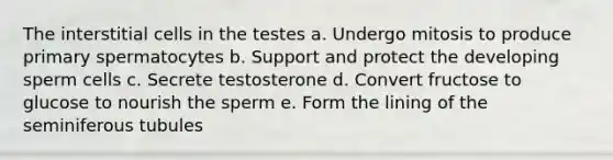 The interstitial cells in the testes a. Undergo mitosis to produce primary spermatocytes b. Support and protect the developing sperm cells c. Secrete testosterone d. Convert fructose to glucose to nourish the sperm e. Form the lining of the seminiferous tubules