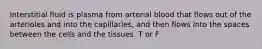 Interstitial fluid is plasma from arterial blood that flows out of the arterioles and into the capillaries, and then flows into the spaces between the cells and the tissues. T or F