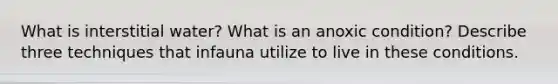 What is interstitial water? What is an anoxic condition? Describe three techniques that infauna utilize to live in these conditions.