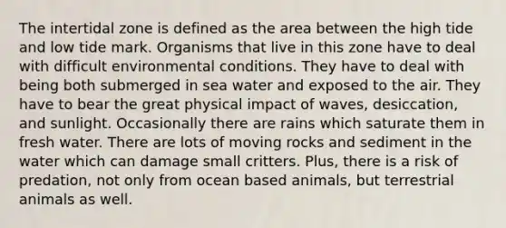 The intertidal zone is defined as the area between the high tide and low tide mark. Organisms that live in this zone have to deal with difficult environmental conditions. They have to deal with being both submerged in sea water and exposed to the air. They have to bear the great physical impact of waves, desiccation, and sunlight. Occasionally there are rains which saturate them in fresh water. There are lots of moving rocks and sediment in the water which can damage small critters. Plus, there is a risk of predation, not only from ocean based animals, but terrestrial animals as well.