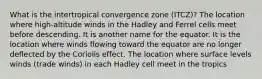 What is the intertropical convergence zone (ITCZ)? The location where high-altitude winds in the Hadley and Ferrel cells meet before descending. It is another name for the equator. It is the location where winds flowing toward the equator are no longer deflected by the Coriolis effect. The location where surface levels winds (trade winds) in each Hadley cell meet in the tropics