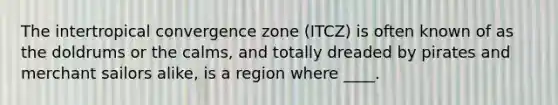 The intertropical convergence zone (ITCZ) is often known of as the doldrums or the calms, and totally dreaded by pirates and merchant sailors alike, is a region where ____.