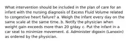 What intervention should be included in the plan of care for an infant with the nursing diagnosis of Excess Fluid Volume related to congestive heart failure? a. Weigh the infant every day on the same scale at the same time. b. Notify the physician when weight gain exceeds more than 20 g/day. c. Put the infant in a car seat to minimize movement. d. Administer digoxin (Lanoxin) as ordered by the physician.