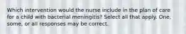 Which intervention would the nurse include in the plan of care for a child with bacterial meningitis? Select all that apply. One, some, or all responses may be correct.