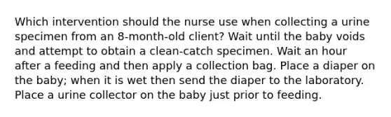 Which intervention should the nurse use when collecting a urine specimen from an 8-month-old client? Wait until the baby voids and attempt to obtain a clean-catch specimen. Wait an hour after a feeding and then apply a collection bag. Place a diaper on the baby; when it is wet then send the diaper to the laboratory. Place a urine collector on the baby just prior to feeding.