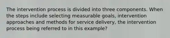 The intervention process is divided into three components. When the steps include selecting measurable goals, intervention approaches and methods for service delivery, the intervention process being referred to in this example?