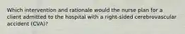 Which intervention and rationale would the nurse plan for a client admitted to the hospital with a right-sided cerebrovascular accident (CVA)?